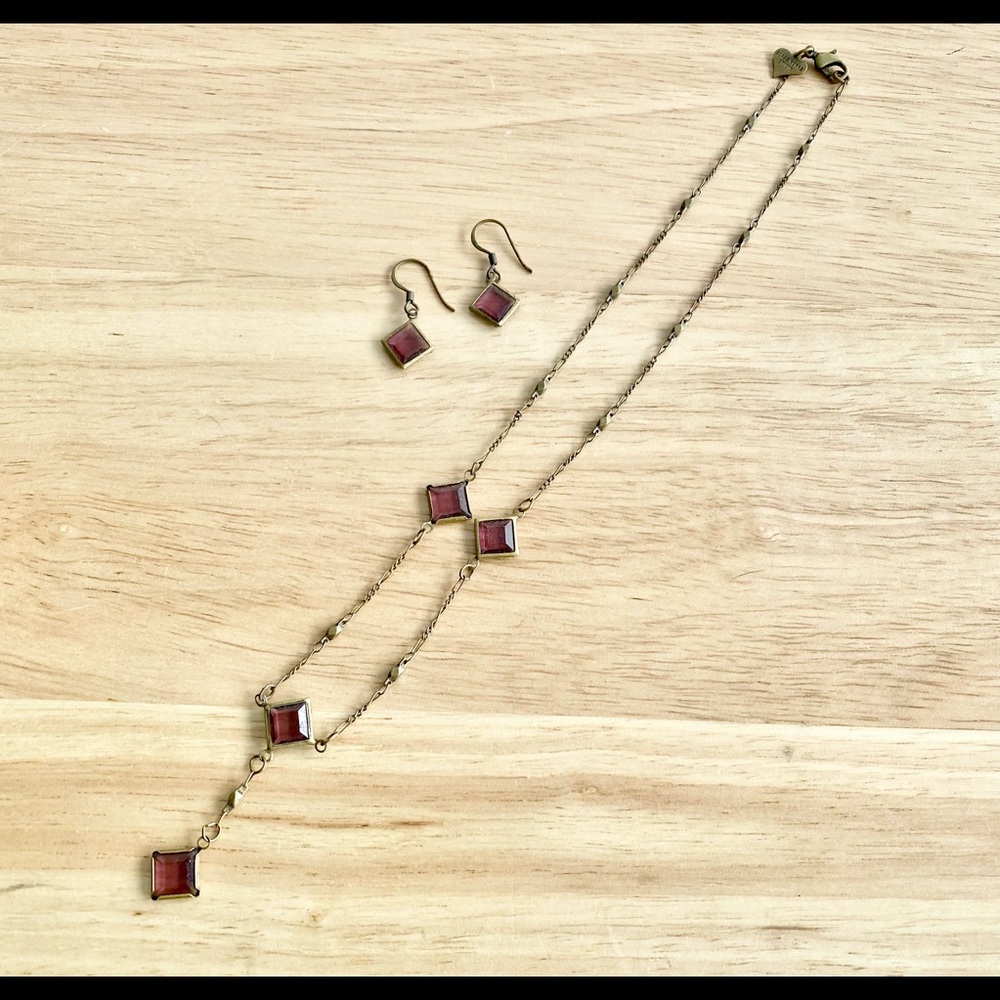 The Glass Works Amethyst Glass and Brass Drop Necklace and Earring Set
